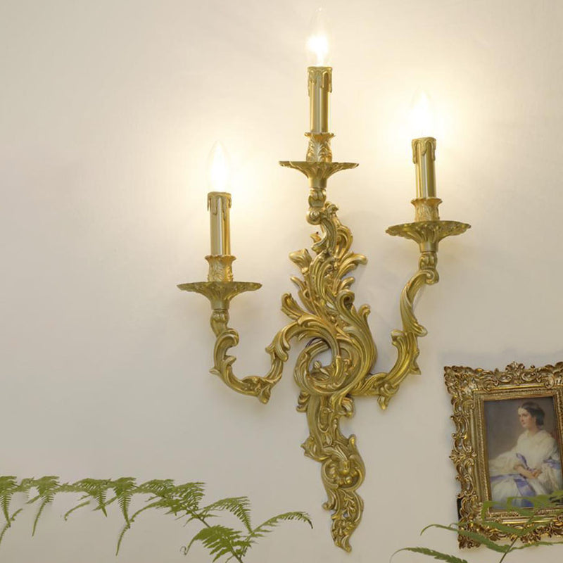 Traditional French Luxury Brass Candelabra Carved 2/3 Light Wall Sconce Lamp For Bedroom