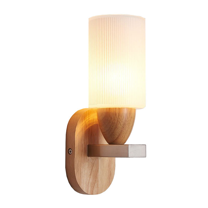 Contemporary Scandinavian Cylinder Round Chassis Acrylic Wood 1-Light Wall Sconce Lamp For Bedroom