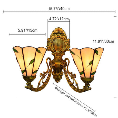 Traditional Tiffany Iron Resin Glass Conic Foliage 2-Light Wall Sconce Lamp For Hallway