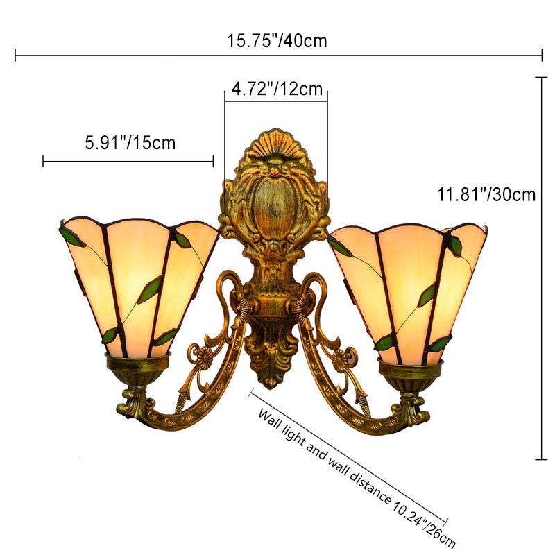 Traditional Tiffany Iron Resin Glass Conic Foliage 2-Light Wall Sconce Lamp For Hallway