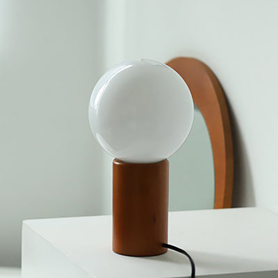 Modern Minimalist Round Ball Cylinder Glass Solid Wood 1-Light Table Lamp For Bedroom