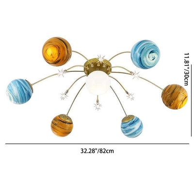 Contemporary Creative Planet Kids Iron Glass 13-Light Semi-Flush Mount Ceiling Light For Bedroom