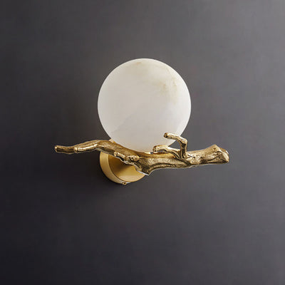 Traditional Chinese Twig Orb Brass Marble LED Wall Sconce Lamp For Living Room