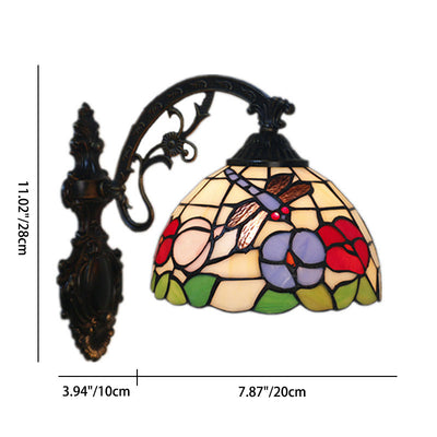 Traditional Tiffany Half Ball Floral Hanging Rod Iron Glass 1-Light Wall Sconce Lamp For Bedroom