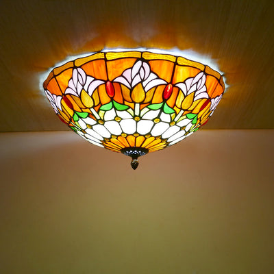 Traditional Tiffany Tulip Stained Glass Iron Dome 2/3-Light Flush Mount Ceiling Light For Living Room