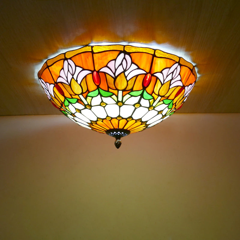 Traditional Tiffany Tulip Stained Glass Iron Dome 2/3-Light Flush Mount Ceiling Light For Living Room