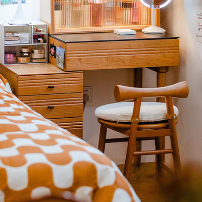 Tabouret de coiffeuse rond en bois et laine d'agneau de simplicité moderne avec dossier et repose-pieds pour chambre 