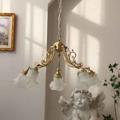 Traditional French Brass Carved Lamp Arm Alabaster Flower Glass 3/5-Light Chandelier For Living Room