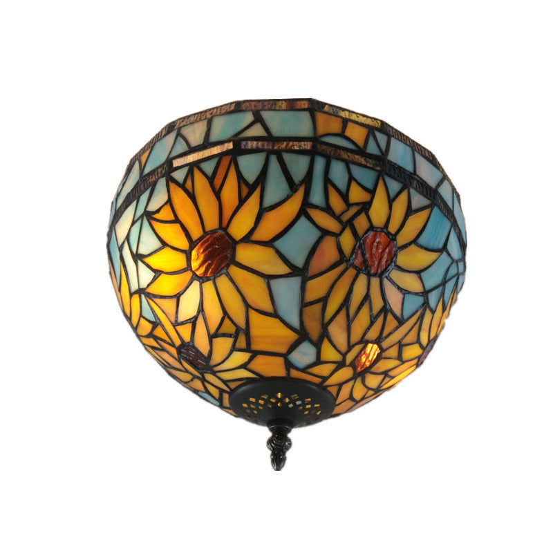 Traditional Tiffany Dome Sunflower Iron Glass 2-Light Semi-Flush Mount Ceiling Light For Hallway