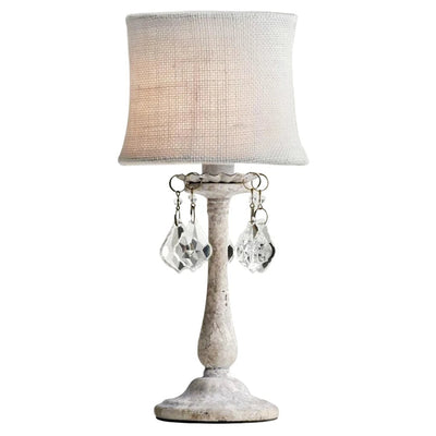 Modern Shabby Chic Distressed White Cylindrical Fabric Shade Resin Base 1-Light Table Lamp For Bedroom