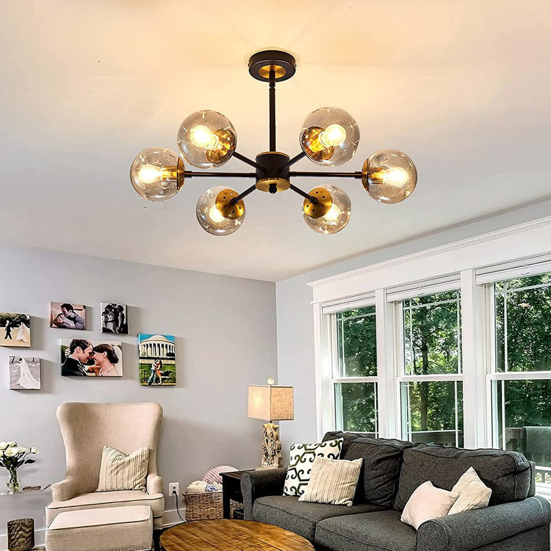 Contemporary Scandinavian Branch Iron Glass 6-Light Chandelier For Living Room