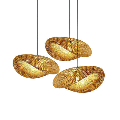 Traditional Japanese Straw Hat Bamboo Weaving Iron 1-Light Pendant For Dining Room