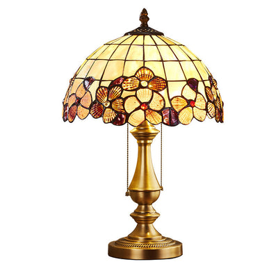 Traditional Tiffany Shell Stained Glass Shade Full Copper Base 1-Light Table Lamp For Bedroom