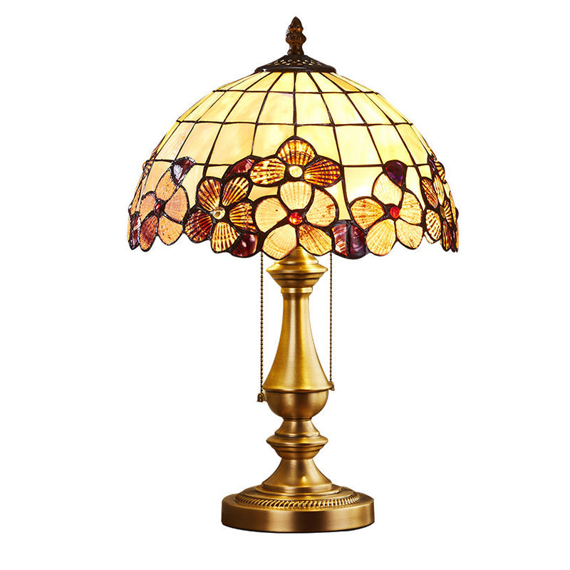 Traditional Tiffany Shell Stained Glass Shade Full Copper Base 1-Light Table Lamp For Bedroom