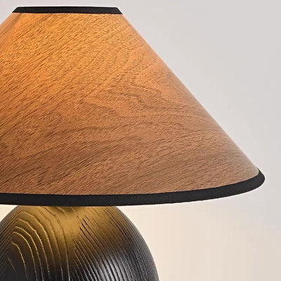 Traditional Japanese Fabric Ash Wood Conic Elliptical 1-Light Table Lamp For Bedside