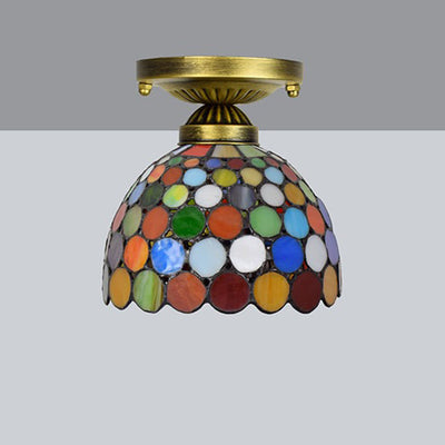 Traditional Tiffany Round Polka Dot Tapered Iron Stained Glass 1-Light Semi-Flush Mount Ceiling Light For Living Room