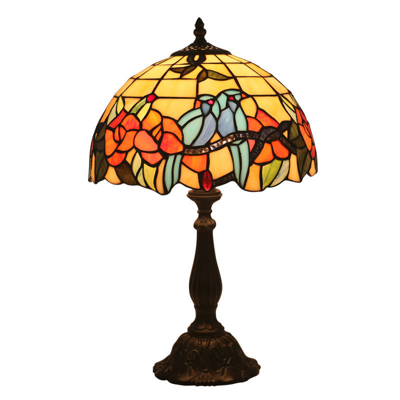 Traditional Tiffany Stained Glass Rose Flower Parrot Dome 1-Light Table Lamp For Bedroom