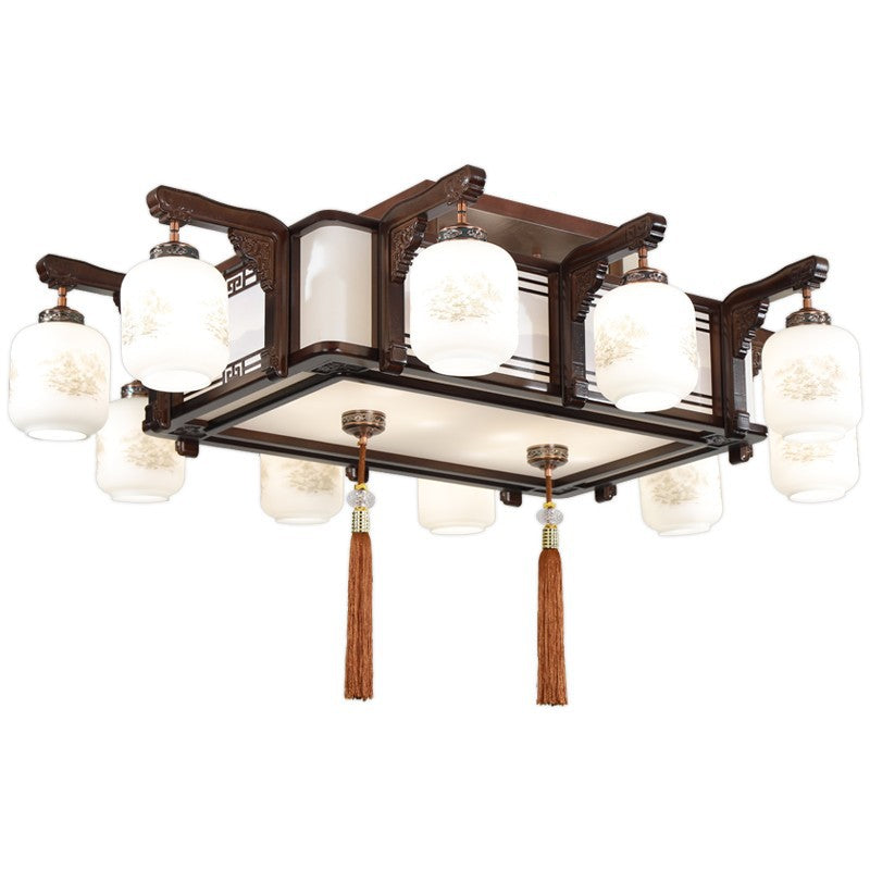 Traditional Chinese Wood Acrylic Glass Round Rectangular Lantern 6/8/10 Light Flush Mount Ceiling Light For Living Room