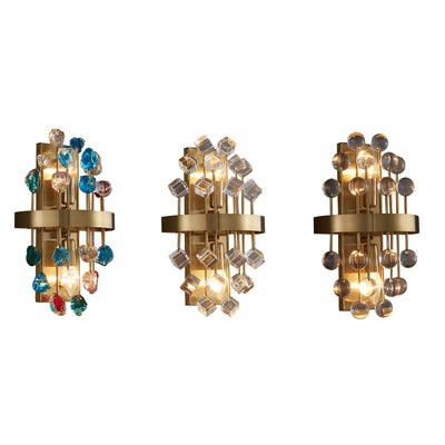 Modern Luxury Gold Finish Frame Colorful Crystal Stone 2-Light Wall Sconce Lamp For Living Room