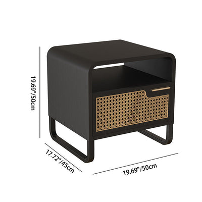 Modern Minimalist Rectangular Solid Wood Rattan Nightstand 1-Drawer For Bedroom