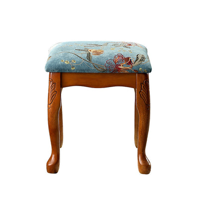 Traditional European Square Fabric Upholstered Wood Carved Frame Vanity Stool For Bedroom