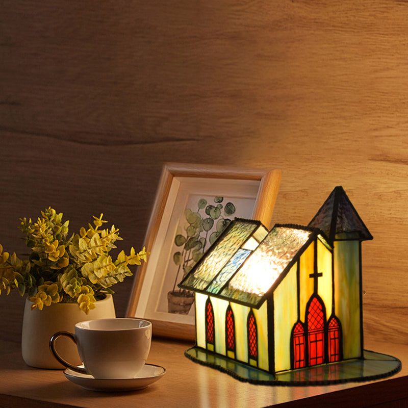 Traditional Tiffany Glass House Chapel 1-Light Table Lamp Night Light For Bedside