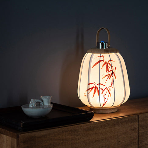 Traditional Chinese Leather Wood Stainless Steel Fabric Flower Bamboo Leaf Rechargeable LED Hanging Table Lamp For Bedside