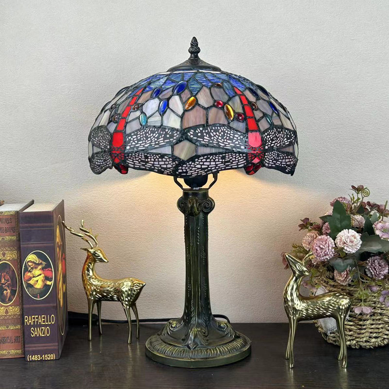 Traditional Tiffany Metal Hardware Glass Semicircular Dragonfly Flower Water Drop 1-Light Table Lamp For Bedroom