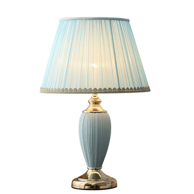 Traditional European Pleated Fabric Shade Ceramic Column Base 1-Light Table Lamp For Bedroom