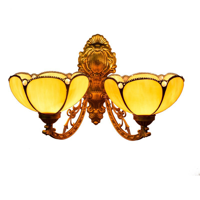 Traditional Tiffany Mediterranean Petal Stained Glass 2-Light Wall Sconce Lamp For Living Room