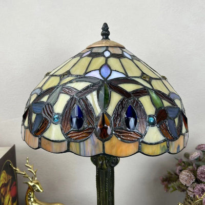 Traditional Tiffany Metal Hardware Glass Semicircular Dragonfly Flower Water Drop 1-Light Table Lamp For Bedroom