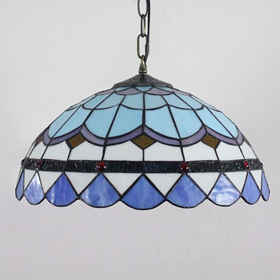 Traditional Tiffany Round Dome Iron Stained Glass 1-Light Pendant Light For Living Room