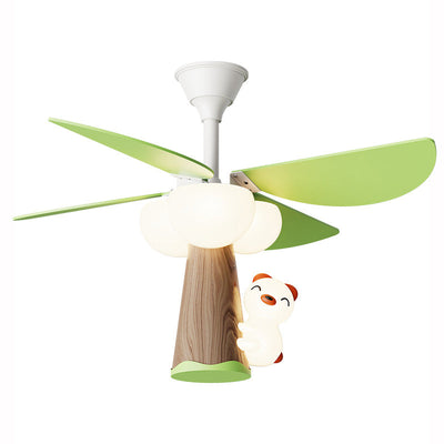 Contemporary Creative Kids PVC Iron Wood Tree Bear LED Semi-Flush Mount Ceiling Fan Light For Bedroom