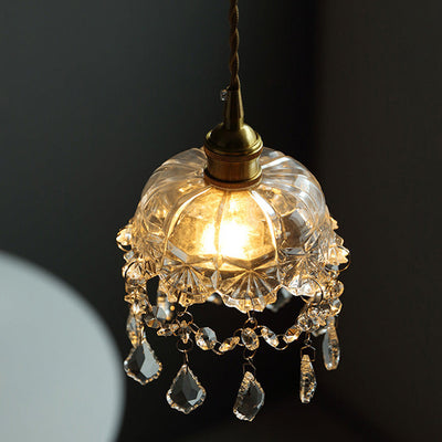 Contemporary Nordic Round Carved Brass Glass Crystal 1-Light Pendant Light For Living Room