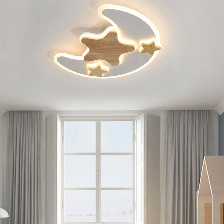 Contemporary Creative Cartoon Moon Star Decor LED Kids Flush Mount Ceiling Light For Bedroom