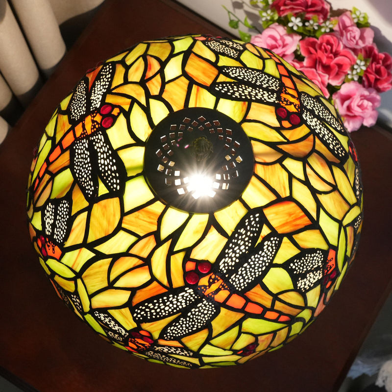 Traditional Tiffany Cylinder Half Round Disc Base Dragonfly Leaf Aluminum Glass 1-Light Table Lamp For Bedroom