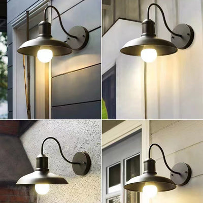 Contemporary Industrial Curved Pole Round Pot Lid Iron 1-Light Wall Sconce Lamp For Outdoor Patio