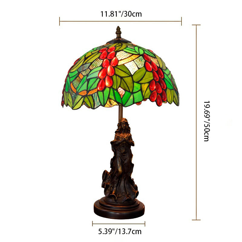 Traditional Tiffany Grape Decor Stained Glass Shade Resin Base 1-Light Table Lamp For Bedroom