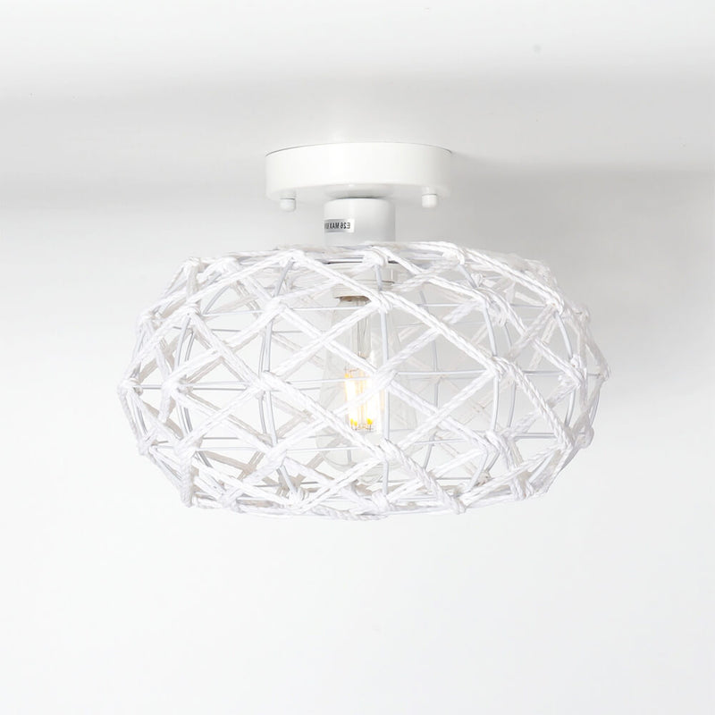 Contemporary Coastal Oval Iron Paper Rope 1-Light Semi-Flush Mount Ceiling Light For Living Room