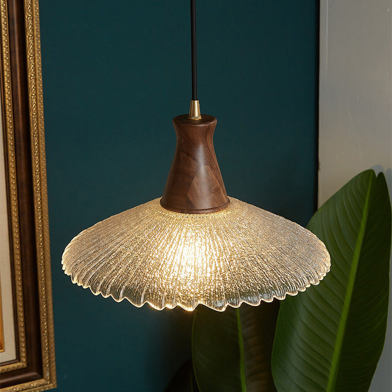 Traditional Japanese Brass Walnut Glass Round Ripple 1-Light Pendant Light For Dining Room