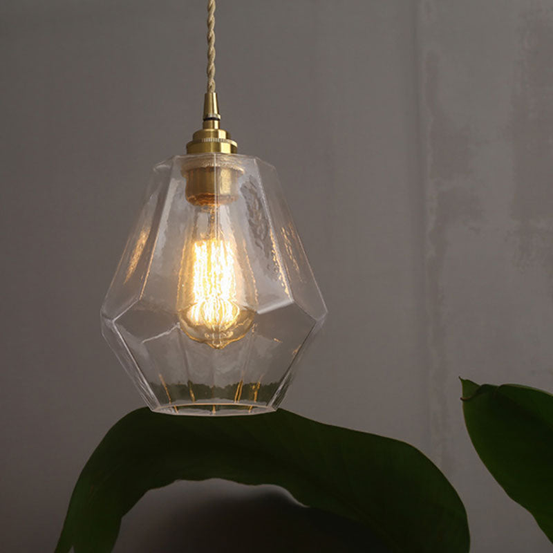 Traditional Japanese Brass Iron Glass Rhombic 1-Light Pendant Light For Bedside