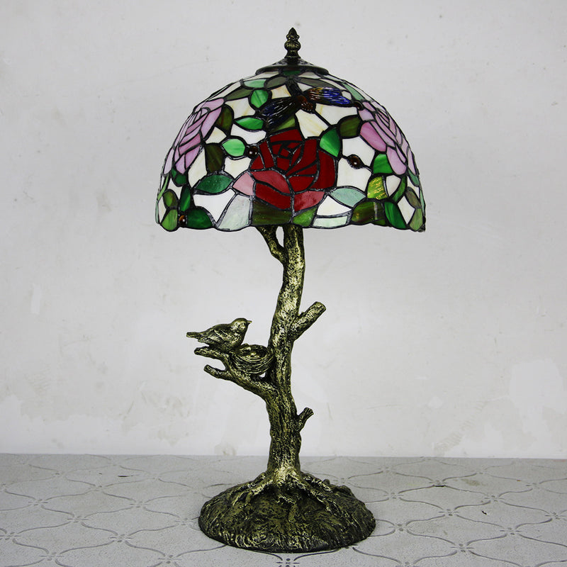 Traditional Tiffany Dome Flower Hardware Stained Glass 1-Light Table Lamp For Bedroom