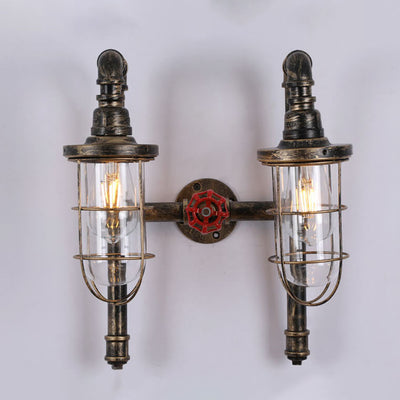 Retro Industrial Wrought Iron Water Pipe Round Glass Shade 2-Light Wall Sconce Lamp