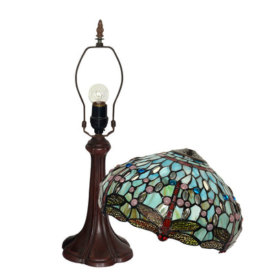 Traditional Tiffany Stained Glass Drum-Shaped Dragonfly 1-Light Table Lamp For Study