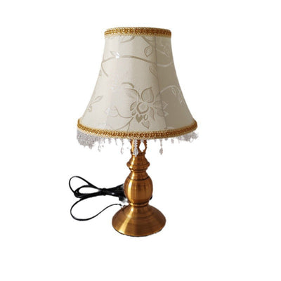 Traditional French Fabric Metal Flower Cylinder Fringe Bead 1-Light Table Lamp For Bedroom