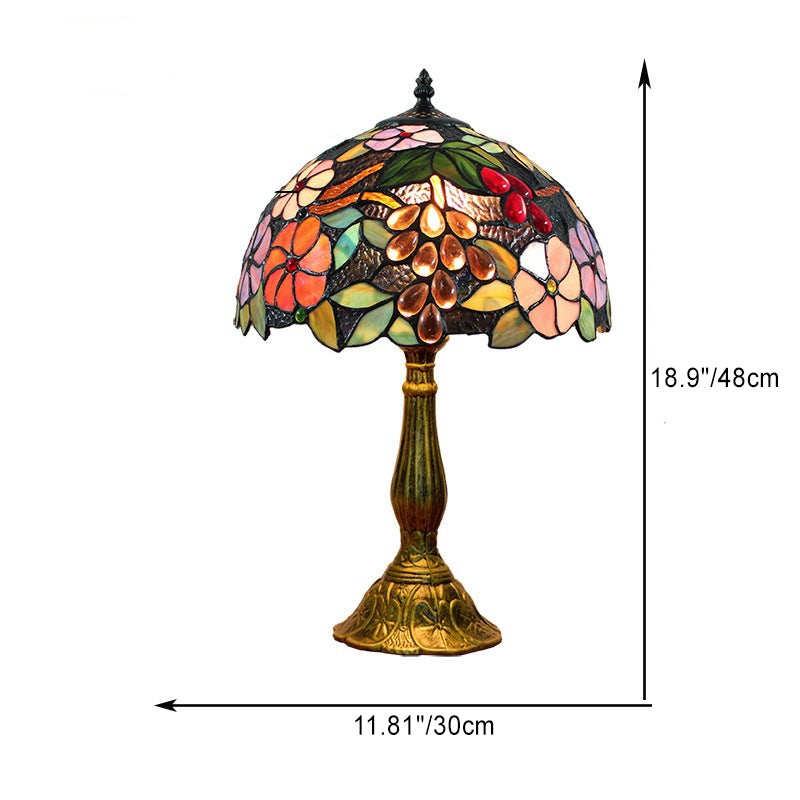 Traditional Tiffany Aluminum Alloy Glass Dome Grape Flower 1-Light Table Lamp For Bedside