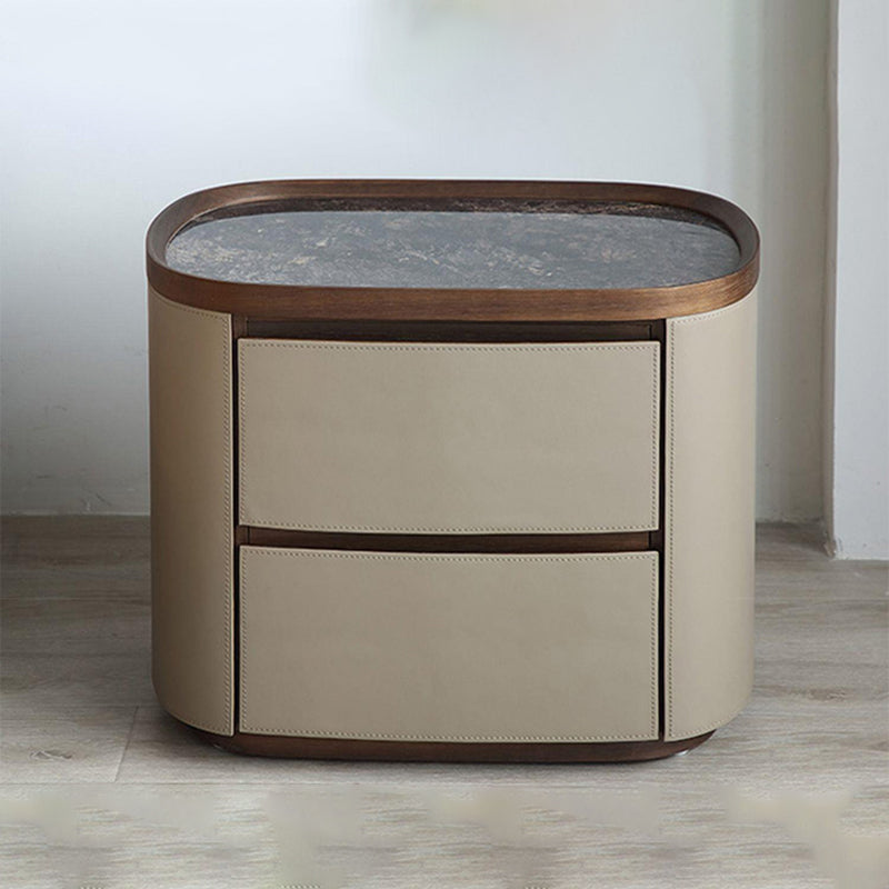 Modern Minimalist Elliptical Slate Saddle Leather Walnut Velvet Nightstand 2-Drawer For Bedside