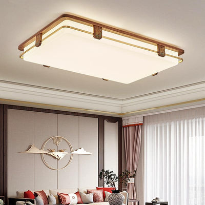 Traditional Chinese Walnut Copper Acrylic Round Square Rectangular LED Flush Mount Ceiling Light For Living Room