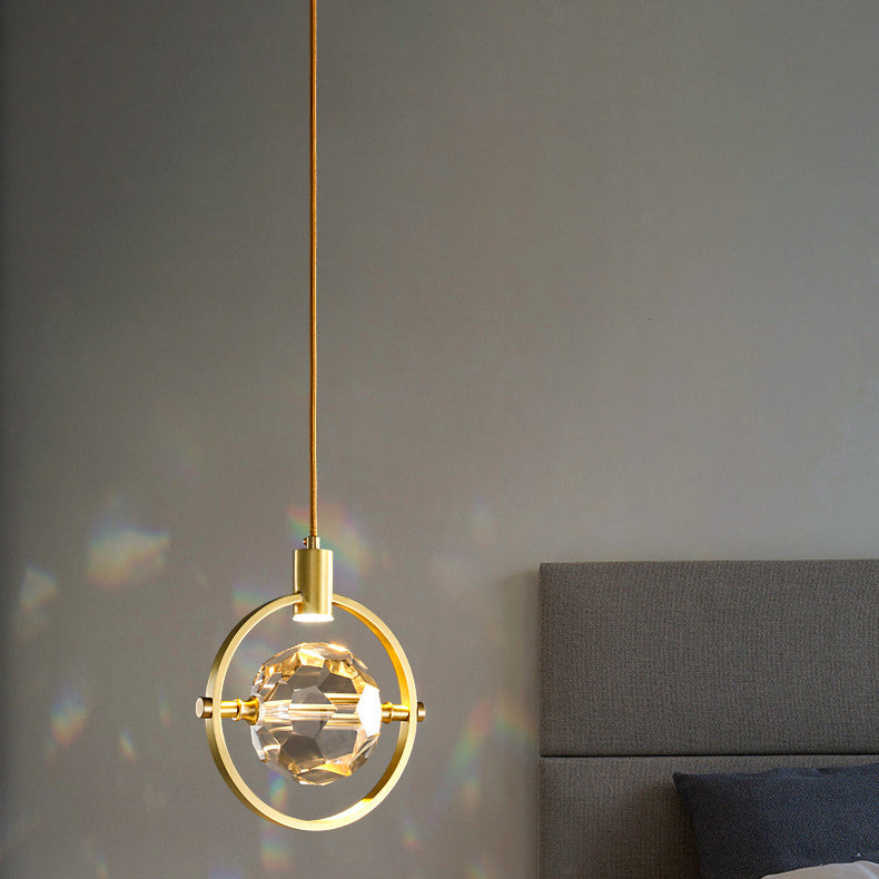 Modern Luxury Full Copper Circle Ring Crystal Ball LED Pendant Light For Living Room