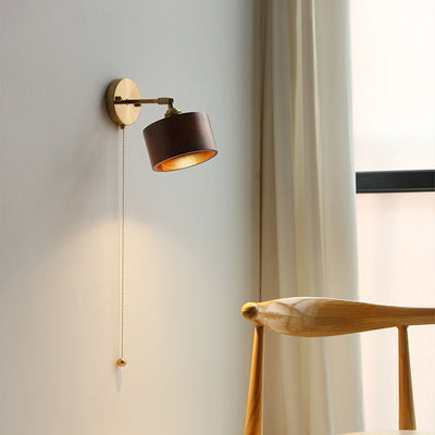 Contemporary Scandinavian Round Cone Dome Copper Wood 1-Light Wall Sconce Lamp For Bedroom